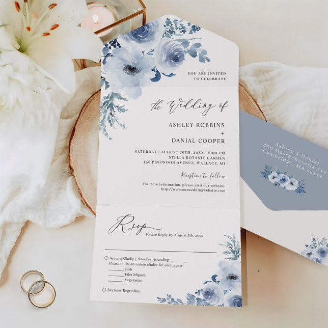 Invitation Tout En Un Bohème Dusty Blue Floral Mariage (Créateur téléchargé)