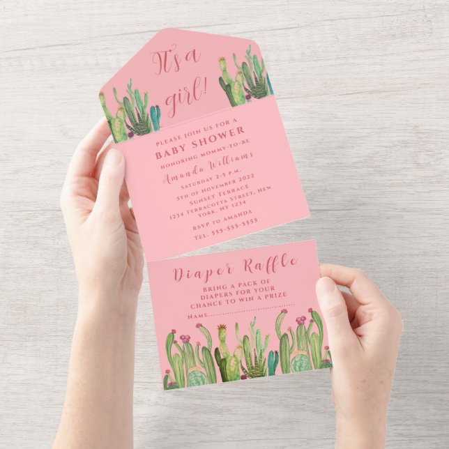Invitation Tout En Un Bohemian Cactus Desert Baby shower Girl rose (Déchirure)