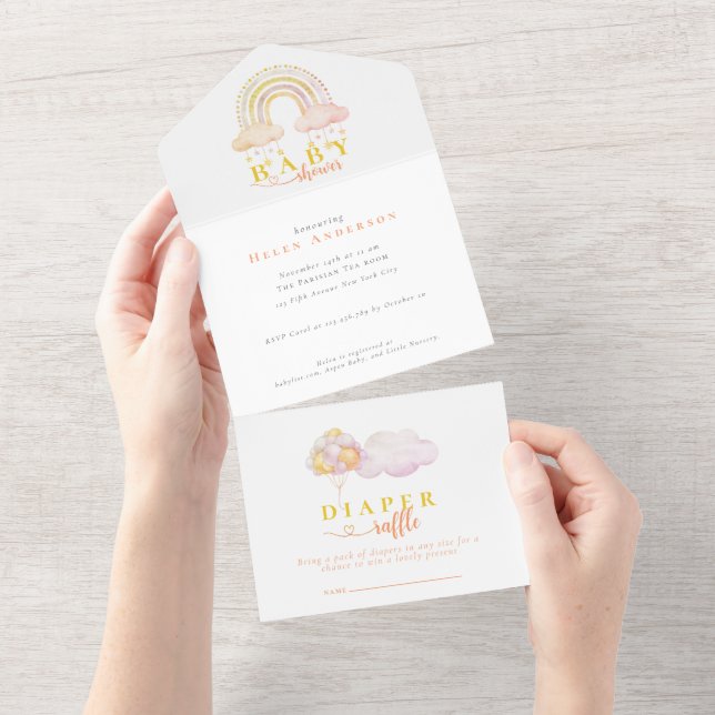 Invitation Tout En Un Boho Aquarelle rose arc-en-ciel Baby shower fille (Déchirure)