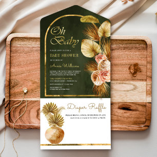 Invitation Tout En Un Boho Arc Floral séché Palm Sage Baby shower vert