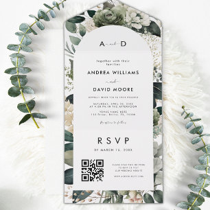 Invitation Tout En Un Boho Arch Sage Green Ivory Floral QR Code Mariage