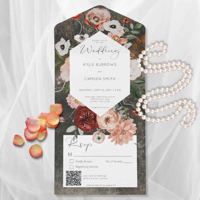 Invitation Tout En Un Boho Black Burgundy Fall Floral QR Code (Créateur téléchargé)