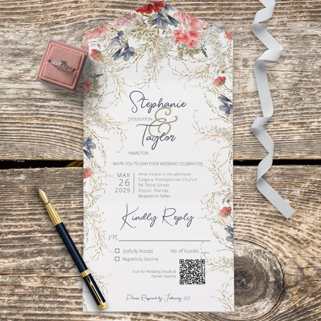 Invitation Tout En Un Boho bleu et rose Floral blanc QR Code (Créateur téléchargé)