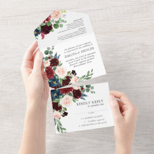 Invitation Tout En Un Boho Bloom   Burgundy Rouge et bleu marine Floral