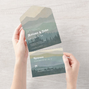 Invitation Tout En Un Boho Blue Mountains & Mariage Rétro en Forêt