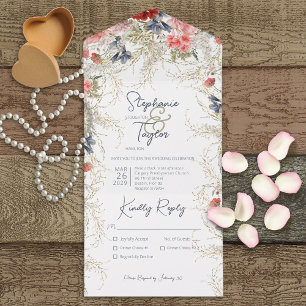 Invitation Tout En Un Boho Blue & Pink Floral Blanc Dîner