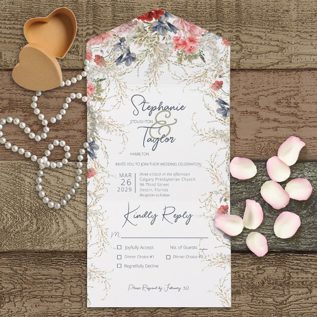 Invitation Tout En Un Boho Blue & Pink Floral Blanc Dîner (Créateur téléchargé)