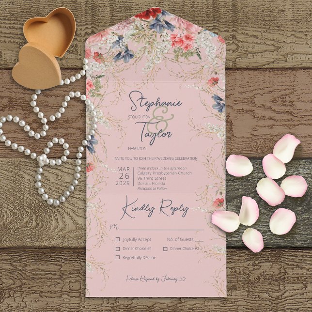 Invitation Tout En Un Boho Blue & Pink Floral Dîner Rose (Also available with a QR code or without dinner selection options.)