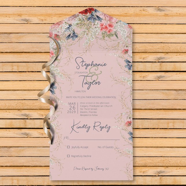 Invitation Tout En Un Boho Blue & Rose Floral Rose Pas de dîner (Also available with a QR code or with dinner selection options.)