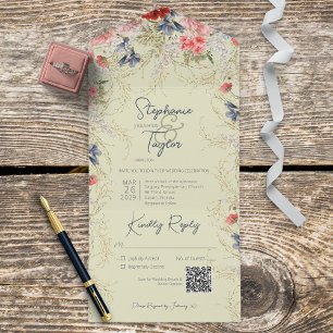 Invitation Tout En Un Boho Blue & rose Floral Sage vert QR Code