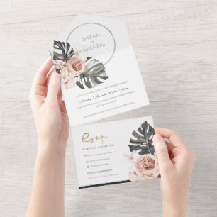 INVITATION TOUT EN UN BOHO BLUSH FLORAL WREATH MONSTRERA LEAF MARIAGE AL