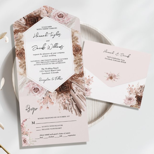 Invitation Tout En Un Boho Blush Pampas Grass rose avec Mariage RSVP (blush pampas grass all in one wedding invitation)