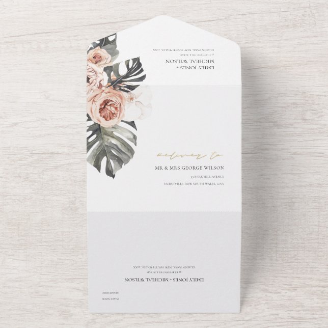 INVITATION TOUT EN UN BOHO BLUSH PEACH FLORAL MONSTRERA FEAF MARIAGE TOU (Dehors)