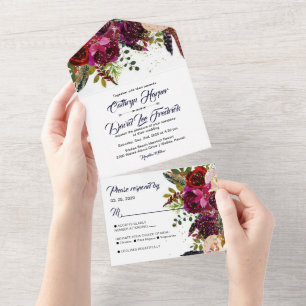 Invitation Tout En Un Boho Bold Burgundy Marine Floral Mariage