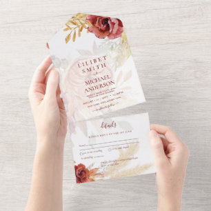 Invitation Tout En Un BOHO Bourgogne Rose Pampas Mariage