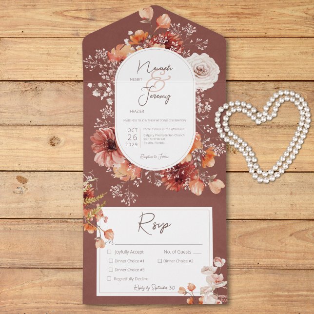 Invitation Tout En Un Boho Burange rouille Chute Florale Trois Dîners (Boho Burnt Orange Rust Fall Floral Three Dinner All In One Invitation)