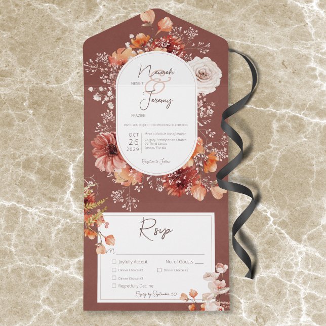 Invitation Tout En Un Boho Burange Rust Fall Floral 3 Dîner (Boho Burnt Orange Rust Fall Floral 3 Dinner All In One Invitation)