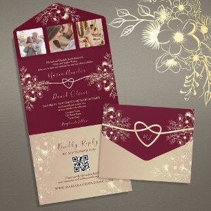 Invitation Tout En Un Boho Burgundy Photos Mariage QR Code
