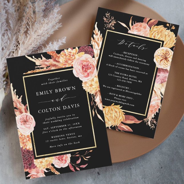 Invitation Tout en un Boho Burgundy Terracotta Mariage noir (Créateur téléchargé)