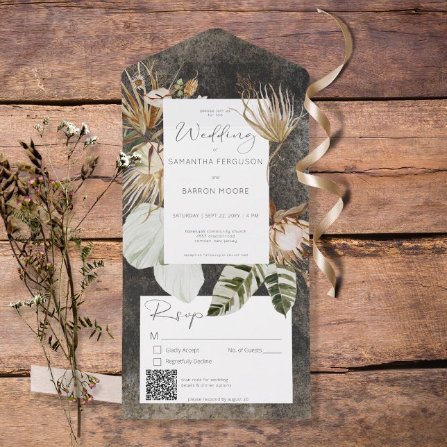 Invitation Tout En Un Boho Charbon noir Floral Grass QR Code (Créateur téléchargé)