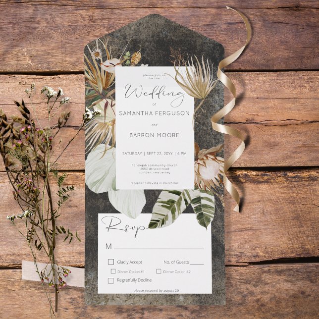 Invitation Tout En Un Boho Charbon Noir Floral Herbe Dîner (Créateur téléchargé)