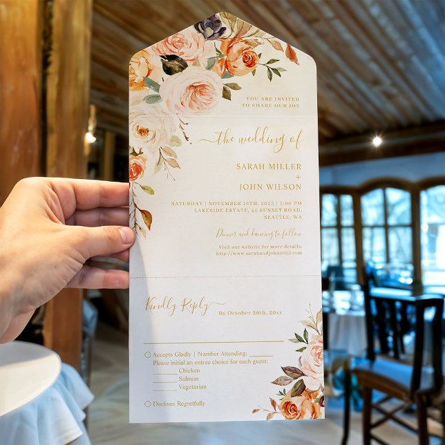 Invitation Tout En Un Boho Chic Automne Feuilles or Floral Mariage (Créateur téléchargé)