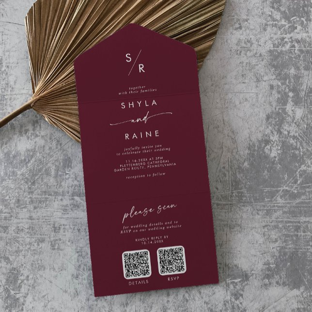 Invitation Tout En Un Boho Chic Bourgogne Rouge Double Code QR Mariage (Créateur téléchargé)