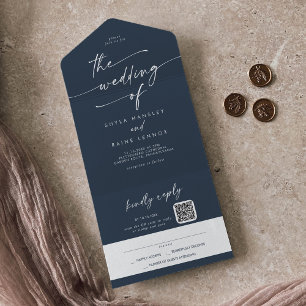 Invitation Tout En Un Boho Chic Dark Navy Bleu QR Code Mail En Mariage