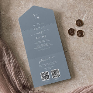 Invitation Tout En Un Boho Chic Dusty Blue Dual QR Code Mariage