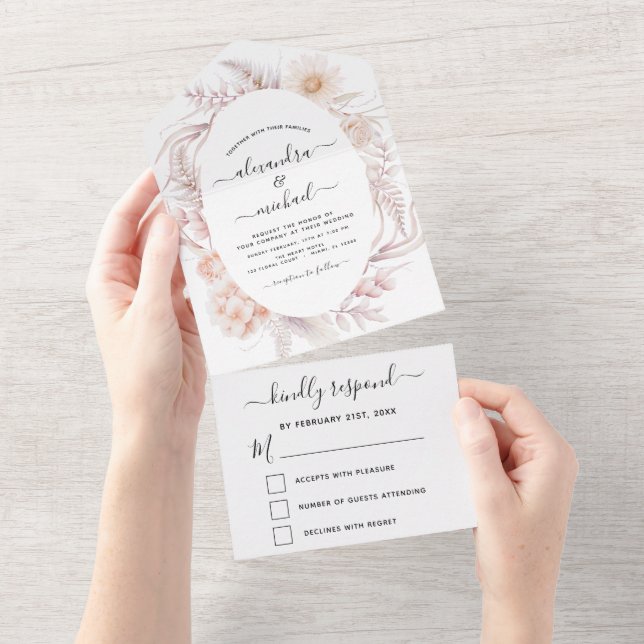 Invitation Tout En Un Boho Chic Dusty Rose Desert Wedding RSVP (Déchirure)