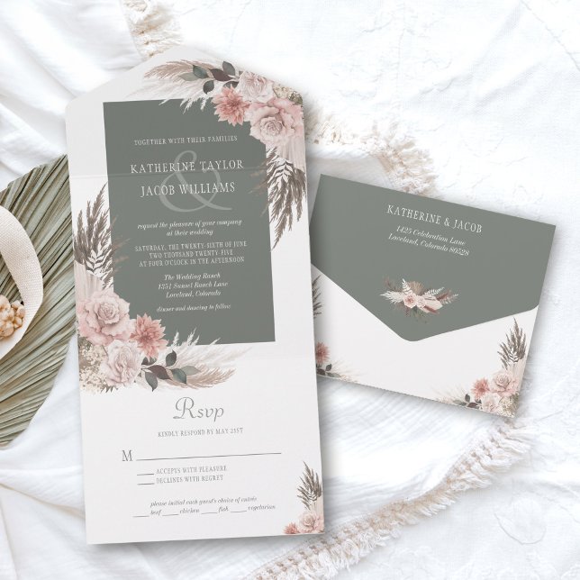 Invitation Tout En Un Boho Chic Pampas Grass Sage Vert Floral Mariage (sage green boho pampas grass wedding invitation with rsvp)