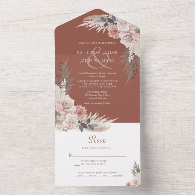 Invitation Tout En Un Boho Chic Pampas Grass Terracotta Floral Mariage (À l'intérieur)