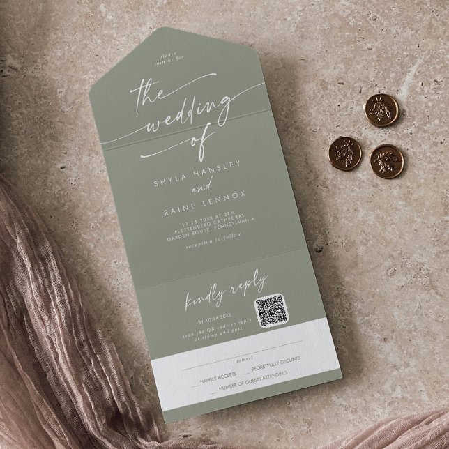 Invitation Tout En Un Boho Chic Sage Green QR Code Courrier En Mariage (Créateur téléchargé)