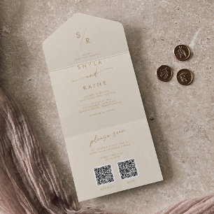 Invitation Tout En Un Boho Chic Vintage Gold double Mariage de code QR