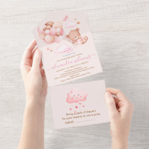 Invitation Tout En Un Boho Chic Watercolor Girl Teddy Bear avec Pink Bal