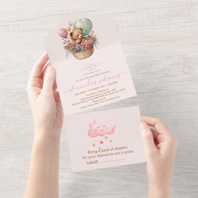 Invitation Tout En Un Boho Chic Watercolor Girl Teddy Bear avec Pink Bal (Déchirure)