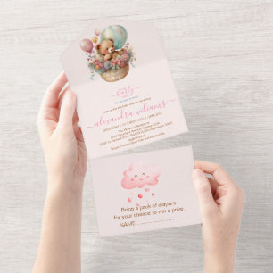 Invitation Tout En Un Boho Chic Watercolor Girl Teddy Bear avec Pink Bal