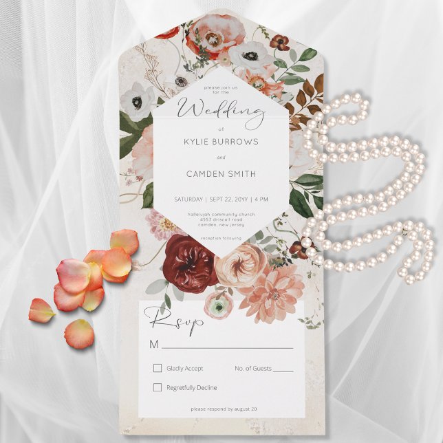 Invitation Tout En Un Boho Cream Bourgogne Fall Floral Pas de dîner (Créateur téléchargé)