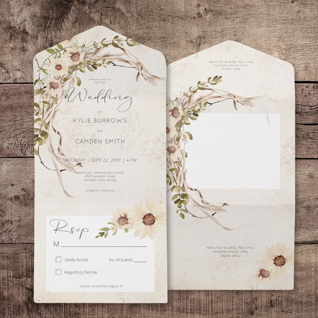 Invitation Tout En Un Boho Cream Daisies & Grass séché Pas de dîner (Boho Cream Daisies & Dried Grass No Dinner All In One Invitation)
