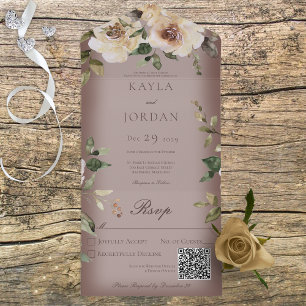 Invitation Tout En Un Boho Cream Roses Brown QR Code