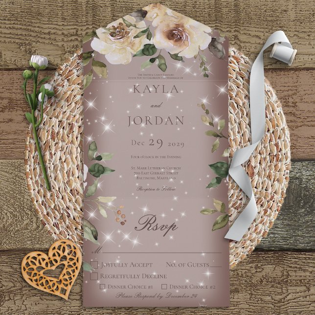 Invitation Tout En Un Boho Cream Roses Étincelle Brown (Créateur téléchargé)