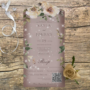 Invitation Tout En Un Boho Cream Roses Sparkle Brown QR Code