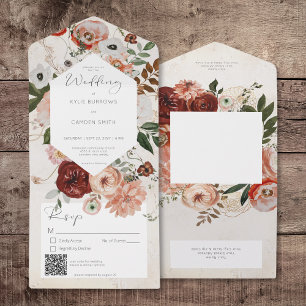 Invitation Tout En Un Boho Crème Bourgogne Automne Floral QR Code