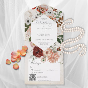 Invitation Tout En Un Boho Crème Bourgogne Automne Floral QR Code
