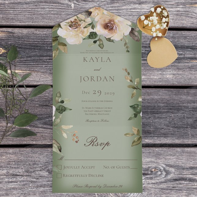 Invitation Tout En Un Boho Crème Roses Sage Green Pas de dîner (Créateur téléchargé)