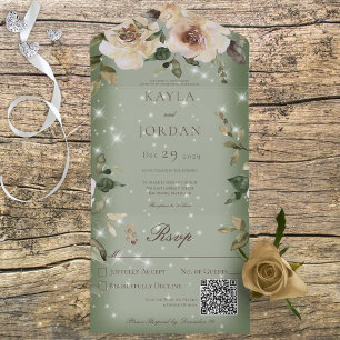 Invitation Tout En Un Boho Crème Roses Sparkle Sage Green QR Code