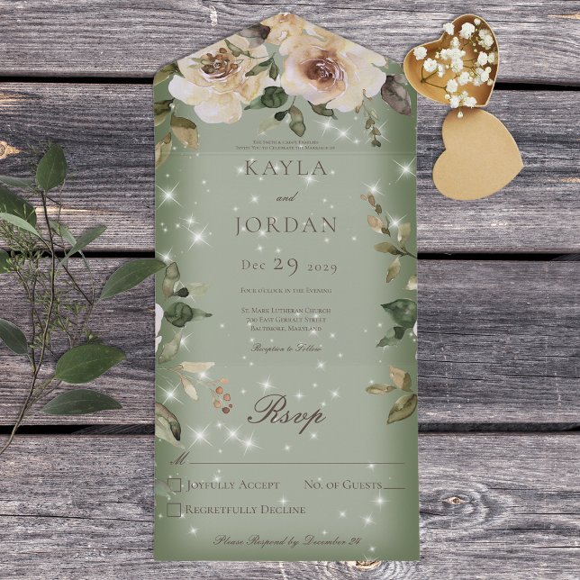 Invitation Tout En Un Boho Crème Roses Sparkle Sage Vert Pas de dîner (Créateur téléchargé)