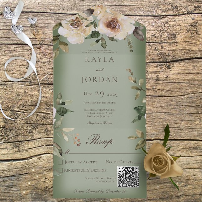 Invitation Tout En Un Boho Crème Roses Vert Sauge Code QR (Créateur téléchargé)