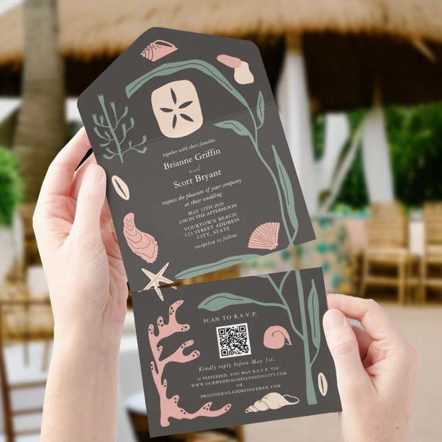 Invitation Tout En Un Boho Dark Beach Seashell Mariage QR RSVP (Créateur téléchargé)