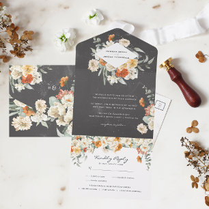 Invitation Tout En Un Boho Dark Floral Greenery Mariage botanique